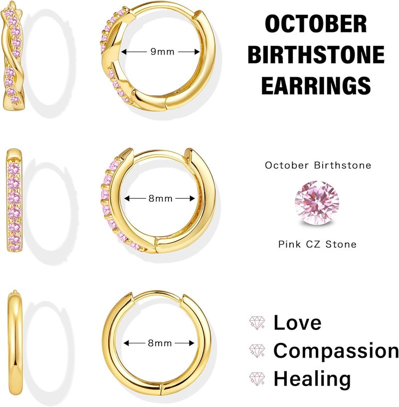 Inerney 14K Gold Plated Huggie Hoop Earrings for Women, Small Sterling Silver Earring Set Hypoallergenic Cartilage Helix Stacks, Mini Dainty Cute Trendy Birthstone Jewelry Gift for Multiple Piercings - Image 3